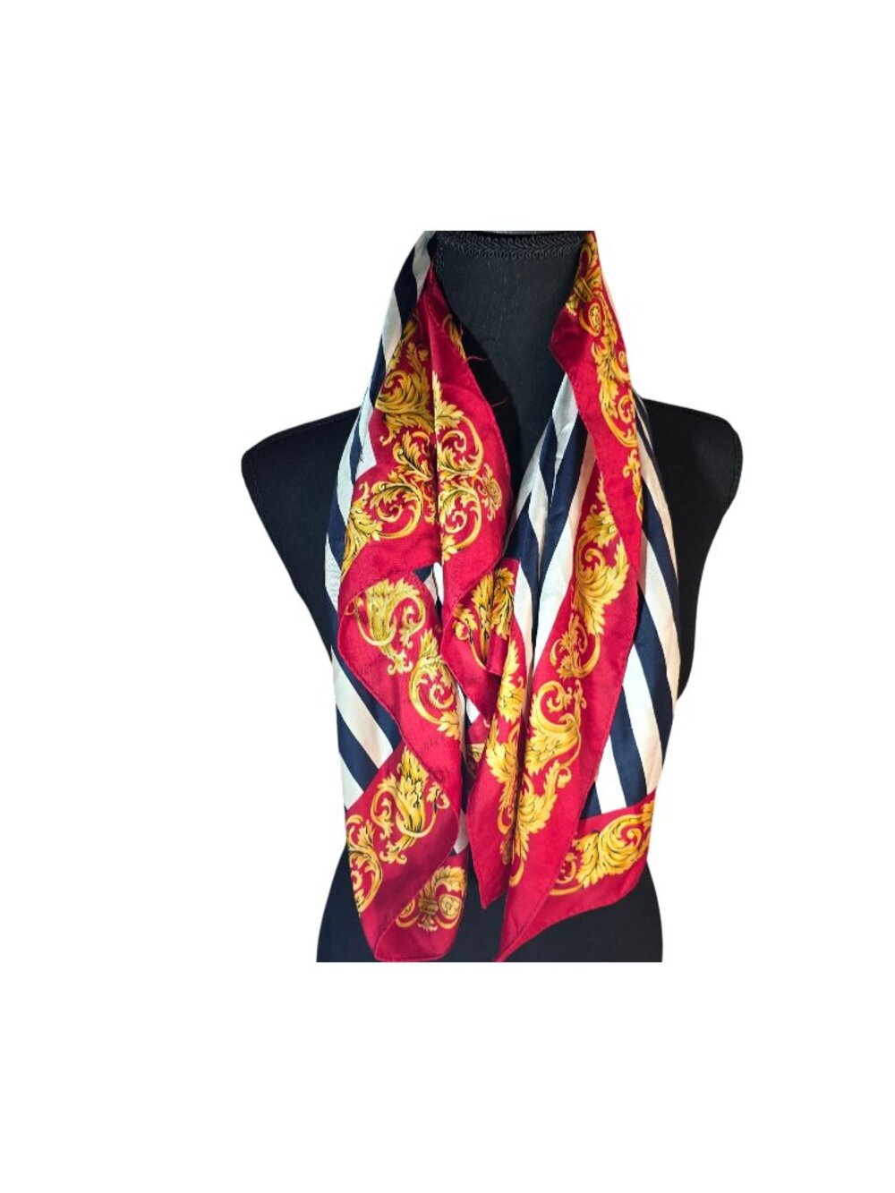 Ann Taylor Silk Scarf Red Gold Ornate Border Navy Stripes Made In Japan Vtg